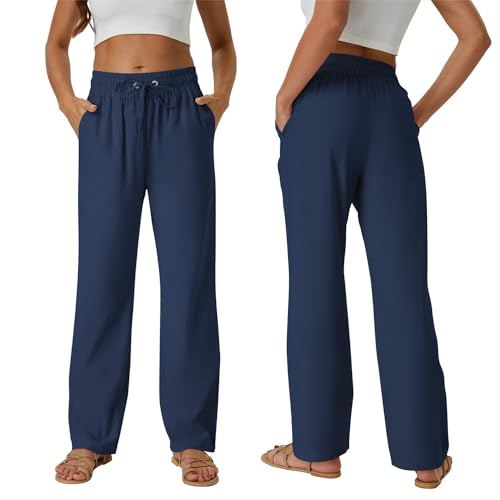 Friptspyg Palazzo Hosen Lässige Hosen Damen Sommer Elastische Bund Freizeithosen mit Taschen,Dunkelblau XL