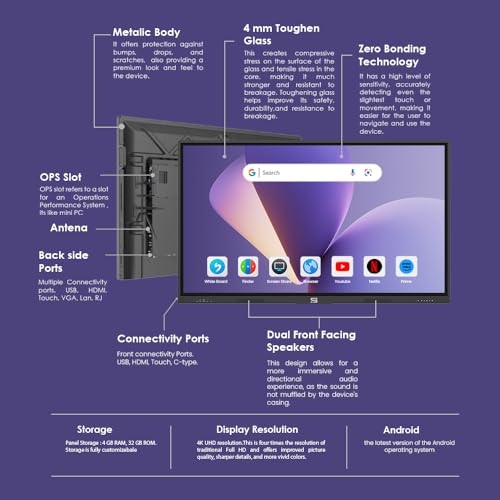 Image of 65 Inches 4K UHD Touch Screen LED UltraTouch Display Interactive Flat Panel Monitor 3840 x 2160 Pixels Android 14 Ideal for Schools,College,Institute,Home&Office
