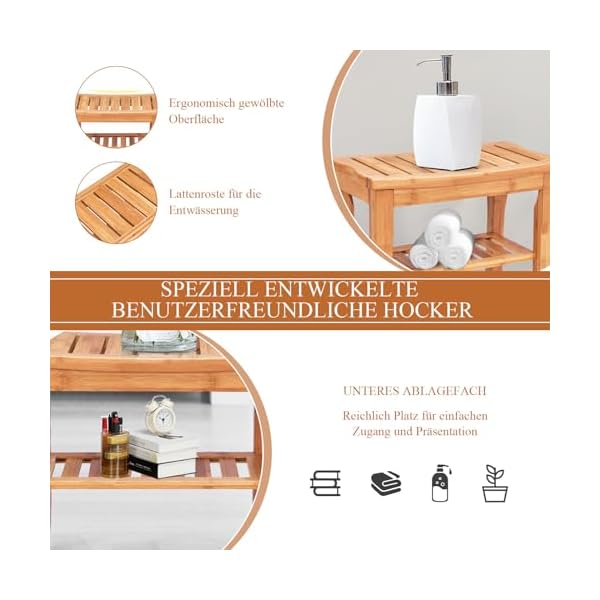 RELAX4LIFE Duschbank Bambus, Badhocker mit Ablage, Sitzhocker Duschhocker Wasserabweisend, Sitzbank Bad mit Rutschfesten Füßen, Mehrzweckhocker, Badezimmerhocker, 48,5 x 27 x 45 cm, Natur – Bild 4