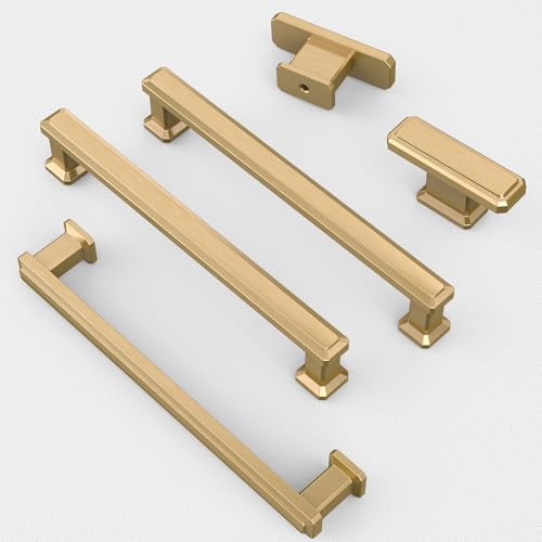 FURNIWARE 5 Pack 5"(128mm) Hole Center Champagne Bronze Stepped Kitchen Cabinet Pull Handles, Heavy Duty Brushed Gold Kitchen Cabinet Hardware for Bathroom Cupboard Drawer Pulls Dresser Pulls by FURNIWARE - Used condition - Image 2