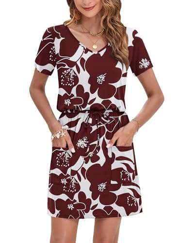 Image of AUSELILY Womens Summer Dresses 2026 Causal Short Sleeve V Neck Tie Front Mini Short Dress with Pockets