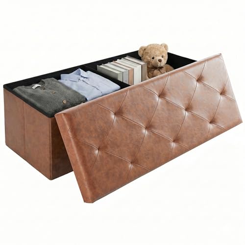 Foldable Storage Ottoman Bench, Synthetic Leather Storage Chest, End of Bed Foot Rest Stool with Padded Seat, 43 Inch Bedroom Bench for Living Room, Support 660lbs, Brown