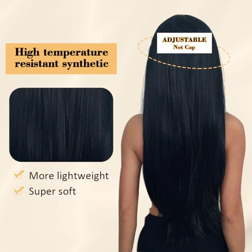 BECUS 24'' Long Black Wig for Women Long Straight Wig with Bangs Glueless Natural Synthetic Hair for Daily Wear Halloween Party Cosplay - Image 4