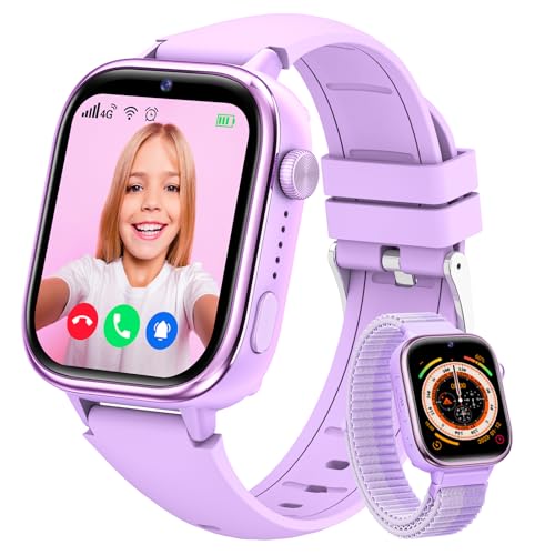 Minilandia Reloj Inteligente Niña 4G, Reloj para Niña con GPS y Llamadas, Smartwatch con SIM SOS, Chat, Videollamada, Modo Clase, IP68, Podómetro, Reloj Inteligente Niña Regalo para 4-12 Años,Violeta