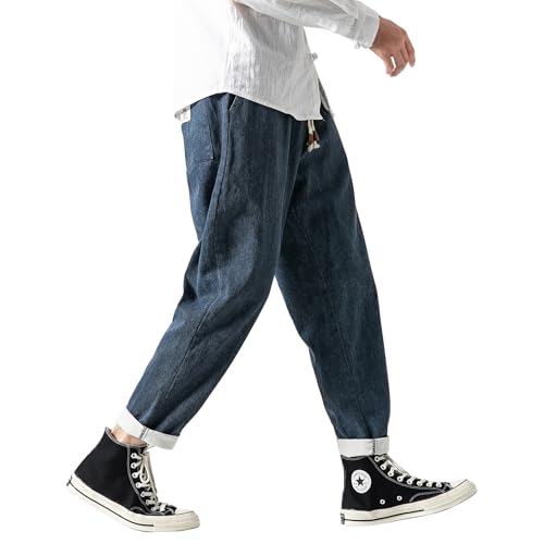 PRIJOUHE Mens Elastic Waist Drawstring Jeans Casual Stretchy Regular Fit Tapered Leg Distressed Jeans Pants4