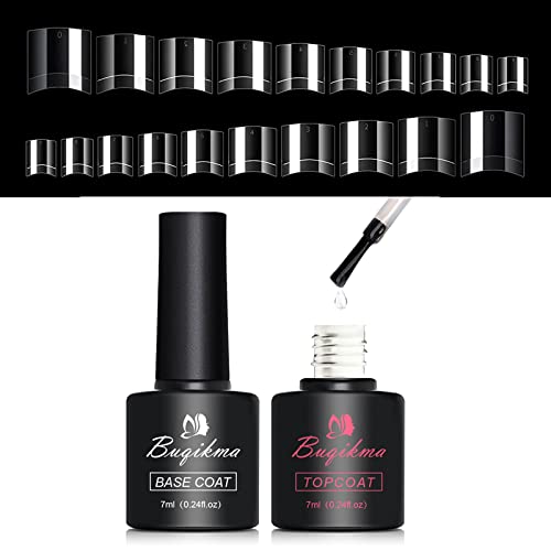 Buqikma 500PCS Short Nail Tips for Acrylic Nails - Clear False Nail Tips with 2PCS 7ml Gel Top Coat and Base Coat Set