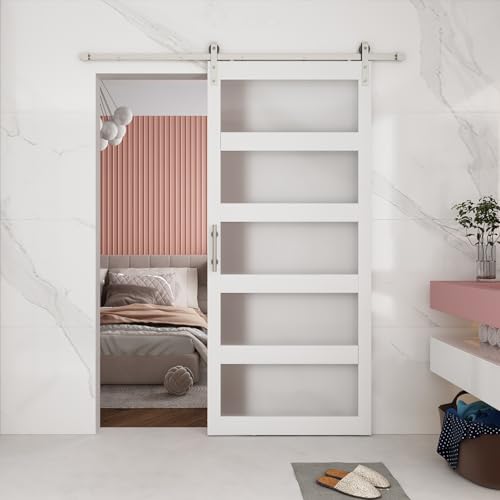 BARNSMITH 42in x 96in 5-Panel Glass Barn Door and 7FT Nickle Sliding Door Hardware Included,...