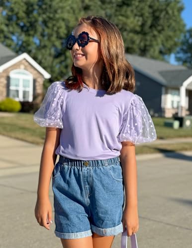 Image of Arshiner Girls Shirts Mesh Puff Short Sleeves Blouse Crewneck Cute Print Summer Kids Tee Tops