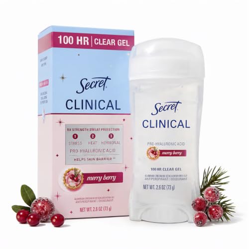 Image of Secret Clinical 100HR Sweat & Odor, Clear Gel Antiperspirant Deodorant for Women, 3X Stress Protection with Hyaluronic Acid, PH Balancing Minerals, Merry Berry Scent, 2.6 oz