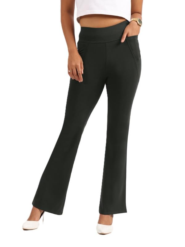 Blissclub AM:PM Cotton Flare Pants for Women Upto 5'4 ft | Wide Waistband, 4 Pockets | Bell Bottom Pants and high Waist Tr...