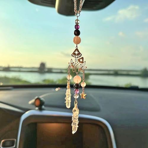 Hanging Car Charm, Handmade Car Mirror Hanging Accessories Rear View Mirror Decorations Crystals Stones Ornament Car Decor for Women Healing Crystal Accessories (Magical Mushroom)