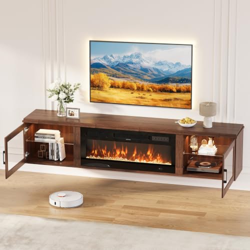 Image of 80 inch Floating TV Stand with Fireplace, High Gloss Finish Wall Mounted Fireplace Entertainment Center with Storage for TVs Up to 90 inch, Brown