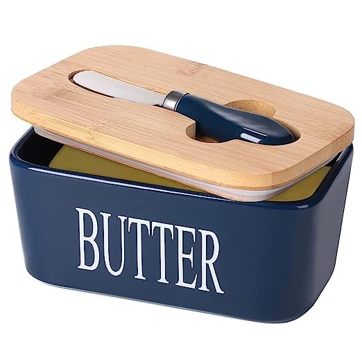 FB FASHION Ceramic Butter Dish Nordic Style Butter Box Containe with Wood Lid, Knife (Blue)