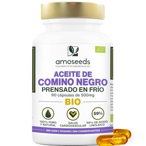Aceite de Nigella BIO | 1.500 mg de Aceite de Comino Negro puro | Primera presión en frío | 59% de ácido linoleico | 90 cápsulas vegetales, veganas | Primera Calidad
