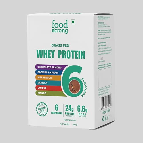 Image of Foodstrong Whey Protein Powder (Concentrate + Isolate), 100% Hormone Free Grass-Fed Whey, 24G Protein & 6.6G BCAA, With Turmeric & Digestive Enzymes, Rainbow Pack Of 6 Sachets, 208G