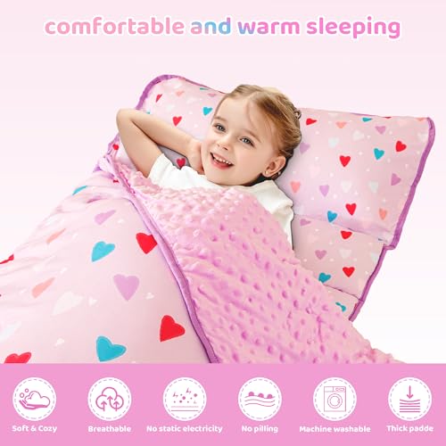 Image of Viviland Toddler Kid Nap Mat for Preschool, Girls Heart Slumber Bag, Purple Daycare Mats with Pillow and Blanket, Kindergarten Mat
