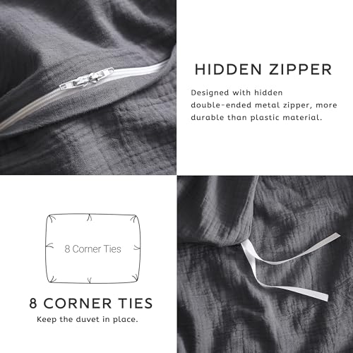 SE SOFTEXLY Muslin Duvet Cover King Size, 100% Washed Cotton Duvet Cover Set, Ultra Soft Comforter Cover Linen Like, 3 Pieces Minimalist Gauze Duvet Cover with 2 Pillowcases, 90"x104", Dark Grey
