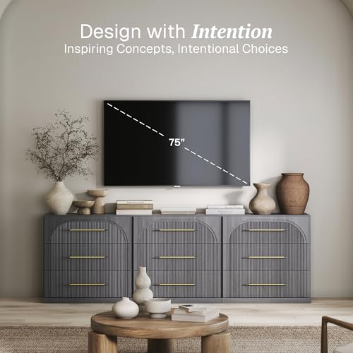 Image of BELLEZE Set of 3 Fluted Modular Sideboard Cabinet, 97'' Classic Modern Buffet Cabinet with 3 Drawers, Accent Credenza Cabinet for Living Room Kitchen Entryway (Ebony)