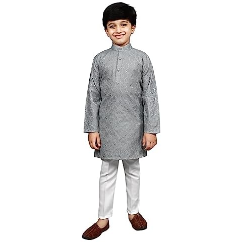 AHHAAAA Kid's Indian Ethnic Sequin Print Embroidery Mirror Work Kurta with Pajama for Boys 519 Cover