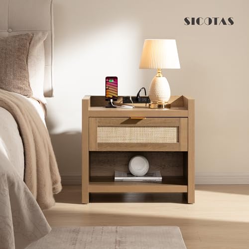 Image of SICOTAS Night Stand Set of 2 Nightstands - Rattan Bed Side Table with Drawer Storage,Type-C Charging Station End Table - Boho Bedside Night Stands for Bedroom - Natural Oak