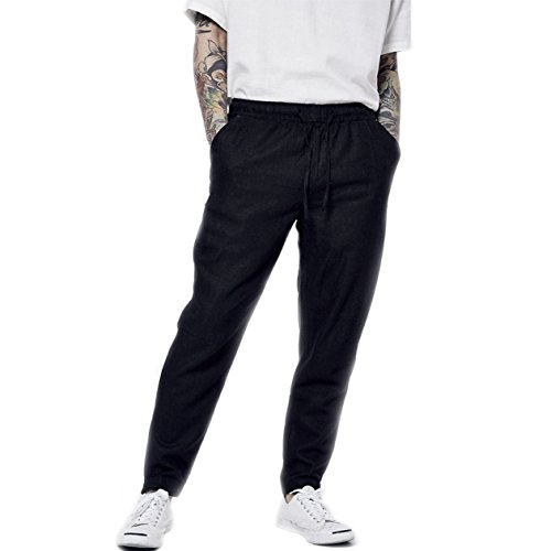 BaronHong Pantalones Largos de Lino con Cordones Relax-Fit, Estilo Chino, para Hombres, (Negro, 2XL)