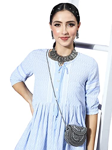 Image of ishin Women's Cotton Embroidered A-Line Mini Dress
