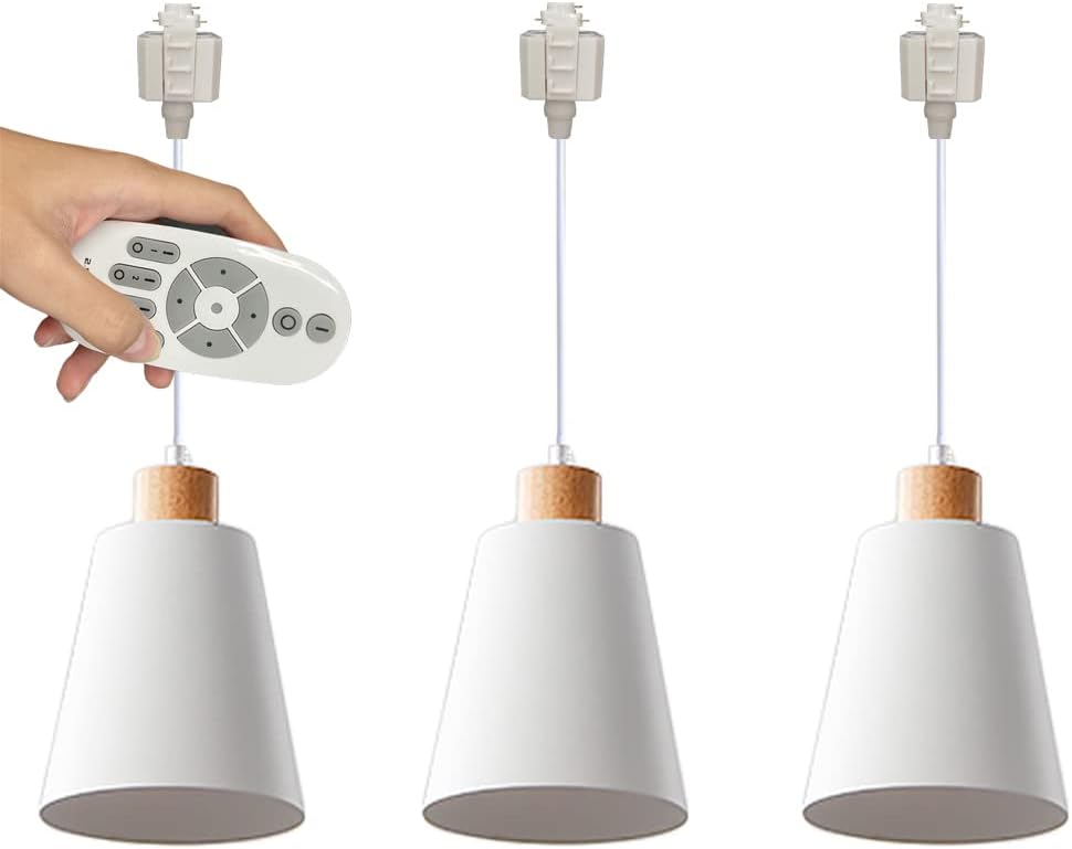 H-Type Track Pendant Light with 1 ft Cord Macaron White Iron Shade Nordic Style Smart Group Control with Stepless Dimming Track Mount Pendant Lighting Modern Wooden 3 Lights Customizable