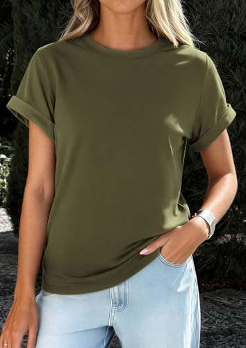 Image of PRETTYGARDEN Womens Summer Tops Short Sleeve Shirts | Lightweight Stretchy Knit,Rolled Sleeves,Crewneck Basic Tees,Loose Fit Daily T Shirt,Casual Work Travel Vacation Outfits