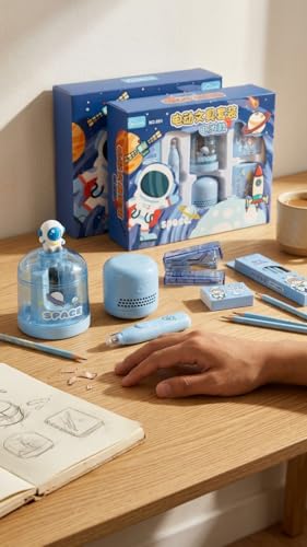 Image of Magicwand Battery Operated Pencil Sharpener,Electric Eraser,Vacuum Cleaner Stationery Set with 10 Eraser Refills for Kids,Adults for Home Office School【Sapphire Blue】