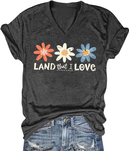 Women V Neck Graphic Shirts Boho Flowers Funny Summer Short Sleeve Tee Tops