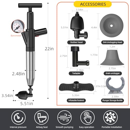 Image of Toilet Plunger Heavy Duty, 13 Piece Toilet Plunge Blaster, Drain Snake Hair Drain Clog Remover High-Pressure Air Plungers for Bathroom, Unclog Toilet, Clogged Sink Pipes and Refrigerator