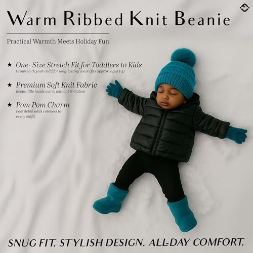 Funky Junque Toddler Pom Beanie – Warm Kids Winter Hat for Ages 1–4, Cozy Knit Snow Beanies for Baby Boys & Girls - Teal - Thumbnail 2