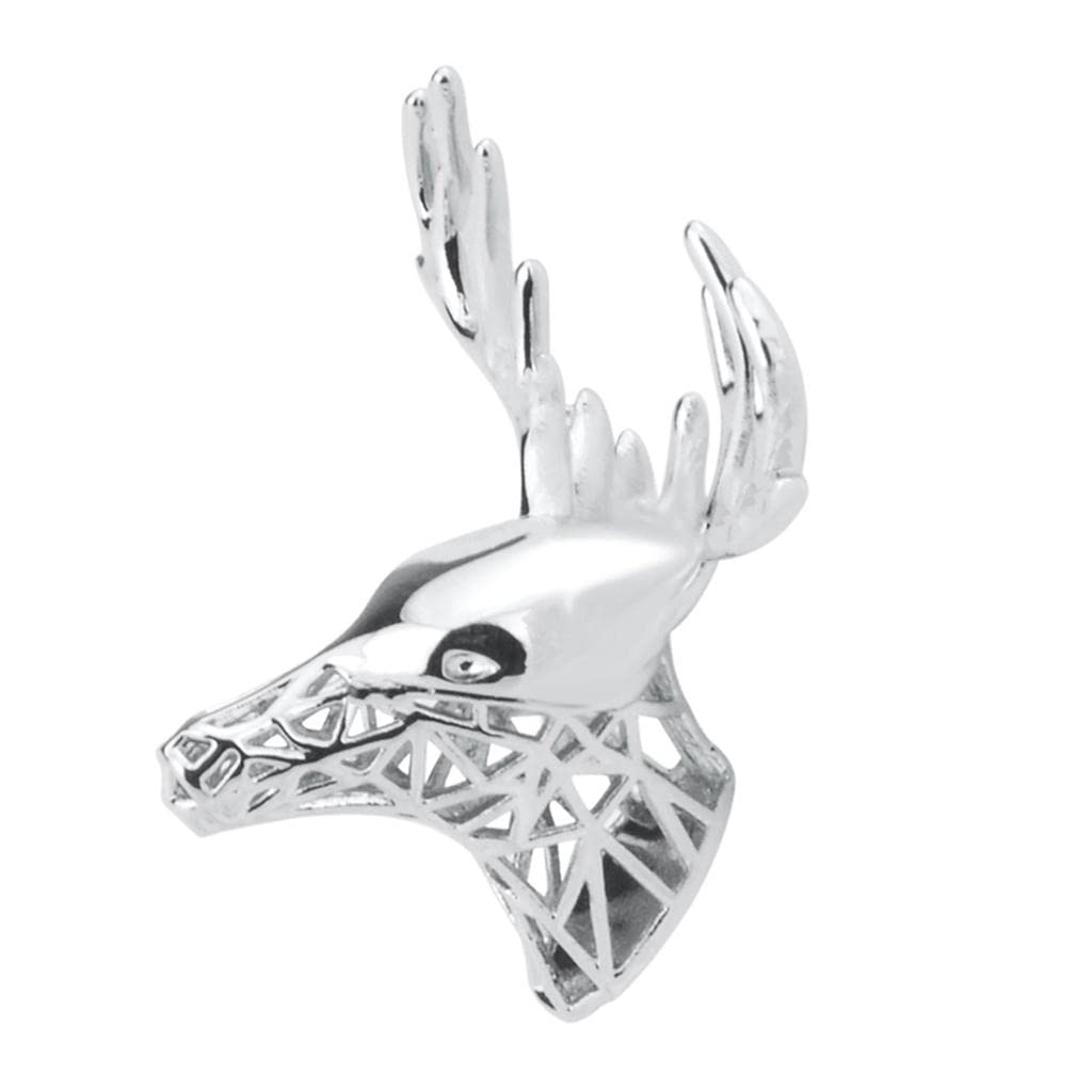 CALANDISMens Silver Antler Deer Reindeer Elk Stag Head Collar Brooch Pin Xmas Gift