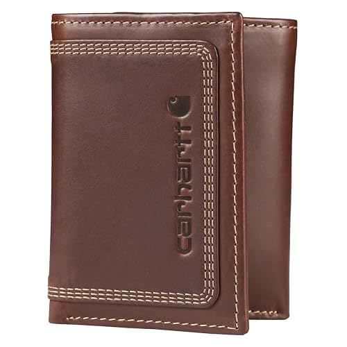 Image of Carhartt Men's Leather Triple Stitch Wallet, Durable Full-Grain Leather Bifold, Trifold & Rodeo Styles, Gifts for Men