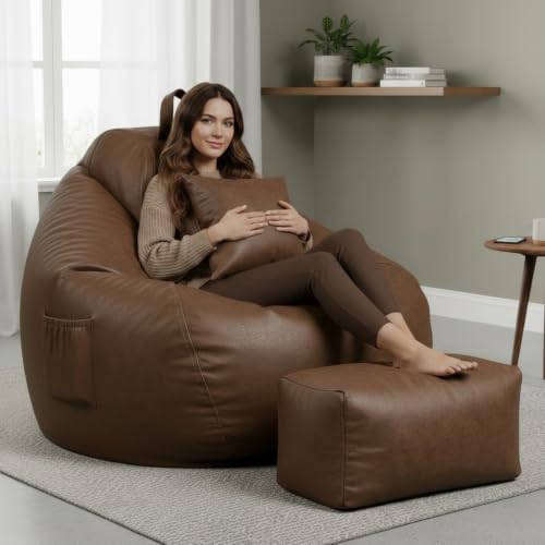 Image of KAM'S LIEU 5XL Premium Imported Suede Bean Bag Chair with Footrest & Cushion | Filled with High Density Polystyrene Beans | Premium Soft Fabric | Ready to Use Color- (Brown, 5XL)