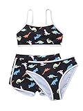 WDIRARA Girl's 3 Pieces Dinosaur Print Straps Bikini Set Swimsuit with Swim Shorts Black 170
