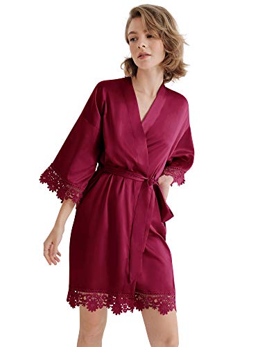 SIORO Damen Dressing Kleid-Seide Satin Damen Bademantel, Kimono Brautjungfer Robe für Hochzeitsfeier kurz,Rot,L Cover