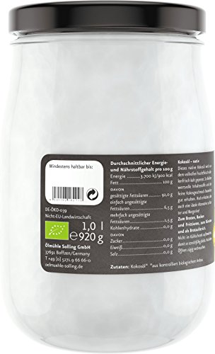 ÖLMÜHLE SOLLING - BIO Kokosöl | 100% natives Bio-Kokosnussöl | Ideal geeignet zum Braten, Backen und Frittieren, als Haut-& Haarpflege sowie für Hunde und Katzen | Inhalt: 1 L