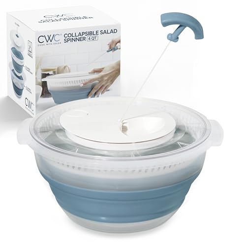 COOK WITH COLOR Collapsible Salad Spinner - 4 QT Space Saving Lettuce Dryer with Folding Collapsible Colander Great for Washing and Drying Fruit and Vegetables (Blue)