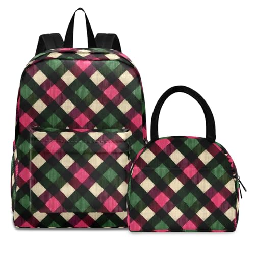 Green Red Checkered Print Backpack Set with Lunch Bag, Large Capacity Travel Backpacks and Lunch Box Insulated for Commute Hiking Picnic