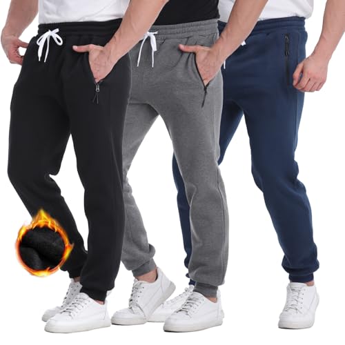 SUGARNO Mens Joggers 3 Pack,Fleece Sweat Pants with Zipper Pockets Athletic Sweatpants Workout Gym Joggers for Men(Large)