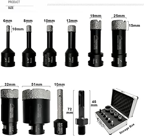 SHDIATOOL 10-Piece Diamond Hole Saw Kit for Porcelain Tile Ceramic Marble Brick Vacuum Brazed Core Drill Bits Set(A85458K1)