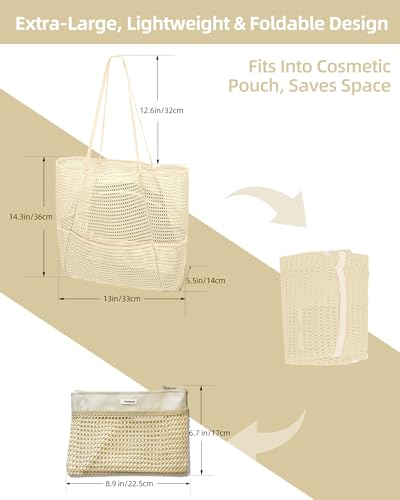 Image of Mesh Beach Tote Bag Packable,2026 New 2-in-1 Large Lightweight Foldable Beach Bags with Multiple Pockets for Women
