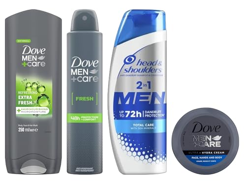 Dove Men+Care Bundle | Includes Extra Fresh Body Wash 250ml, Fresh Anti-Perspirant 150ml, H&S Men's 2-in-1 Shampoo 225ml and Ultra Hydra Cream 75ml | Complete Grooming Set | Perfect Gifts for Men