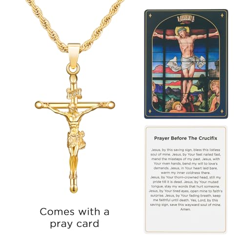 NORBU 18K Gold over S925 Crucifix Necklace for Men with Rope/Cuban Chain, Catholic Jesus Cross Pendant, Men's Religious Gift for Easter Christmas2