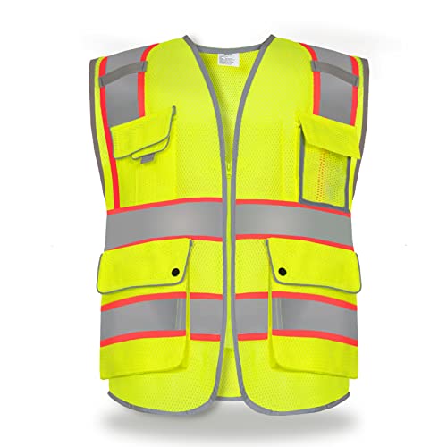Andanda High Visibility Mesh Safety Reflective Vest With 9 Multi-Functional Pockets, 2 Inch Wide Reflective Strips And Zipper, Meets Ansi/Isea Standard, Fluorescent Yellow, Medium #TOP8