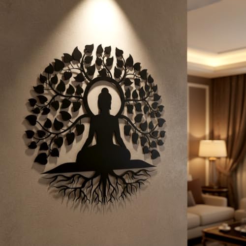 Image of Herrlich Homes Tree of Life Buddha Metal Wall Art |Meditation Yoga Altar Buda Indoor Zen Home Decor |Outdoor Garden Patio Hanging | 60CM X 60CM | L | Black