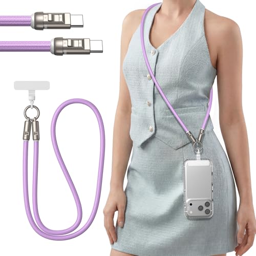 TUNKIA Phone Lanyard Crossbody USB C Cable PD240W USB C to USB C Cables Anti Theft Phone Strap Universal Cell Phone Neck lanyard for iPhone/Samsung/Android Phones (Purple 3.93ft)
