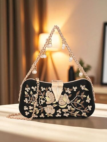Image of TOOBA Handicraft Women's Beautiful Bling Box Clutch Bag | Evening Bag, Bridal Purse & Party Handbag | Wedding & Special Occasion Clutch (Flower Leaf)