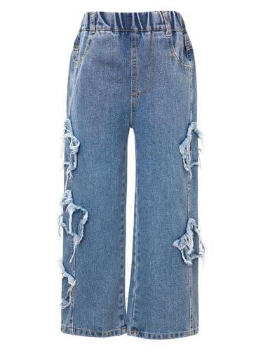 Hularka Kids Girls Jeans Frayed Star Patch Straight Leg Denim Trousers Washed Denim Pants Casual Wide Leg Jeans4